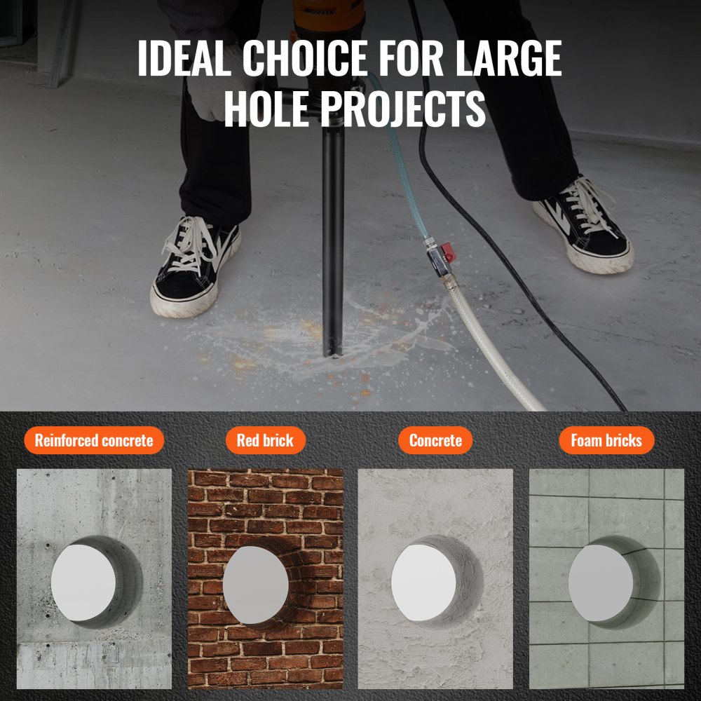 using VEVOR diamond core drill bit for large holes in reinforced concrete, red brick, concrete, and foam bricks.