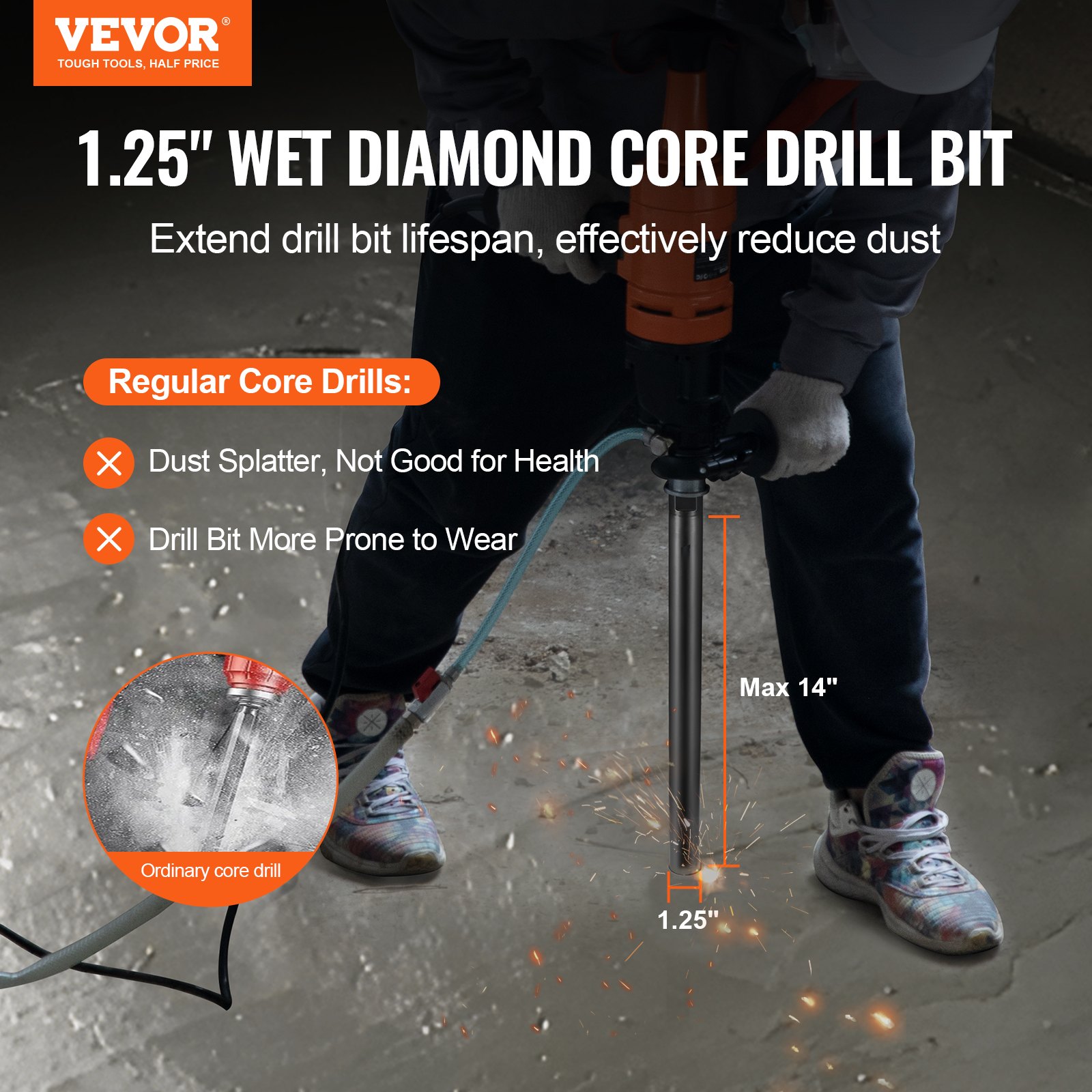 VEVOR diamond core drill bit 1.25&quot;, reduces dust, extends lifespan, less wear than regular core drills.
