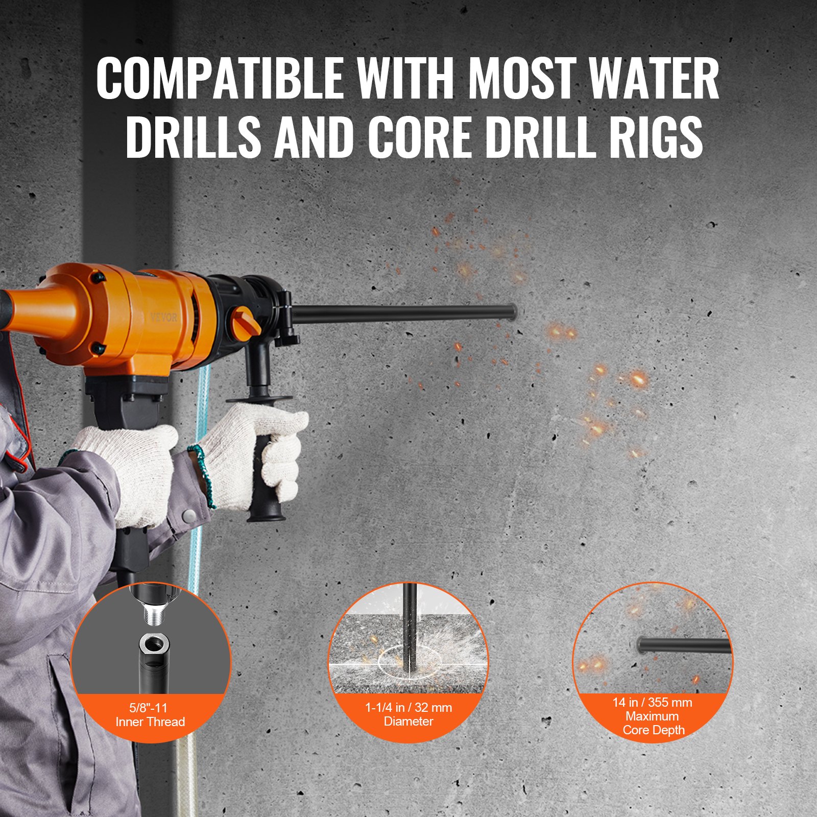 person using an orange VEVOR diamond core drill bit with water, showing specifications and compatibility.