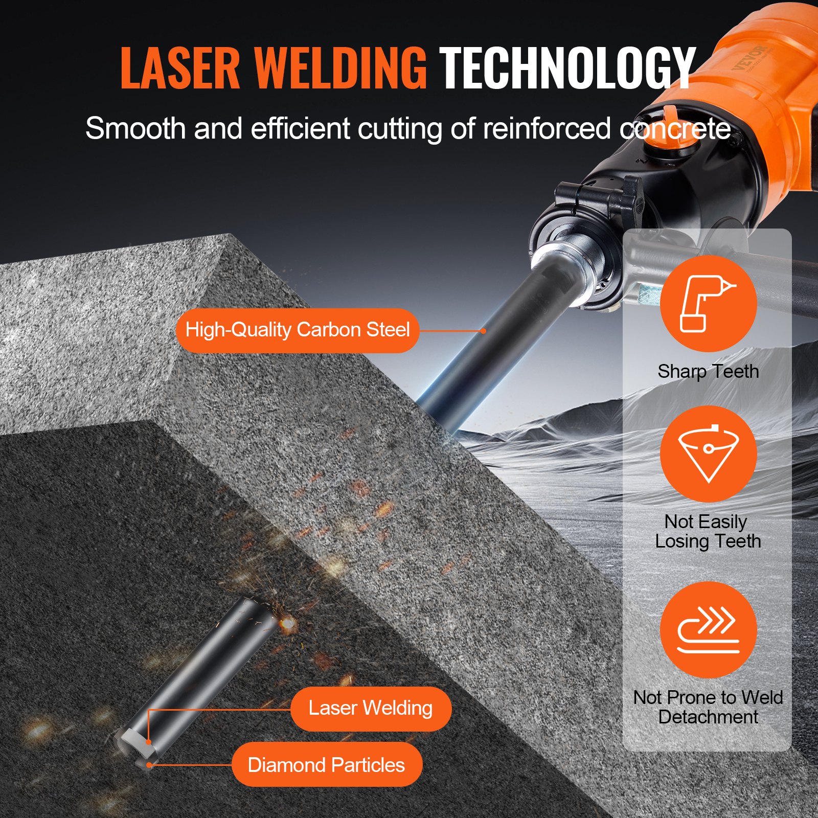 laser welding technology, VEVOR diamond core drill bit cutting reinforced concrete, high-quality carbon steel.