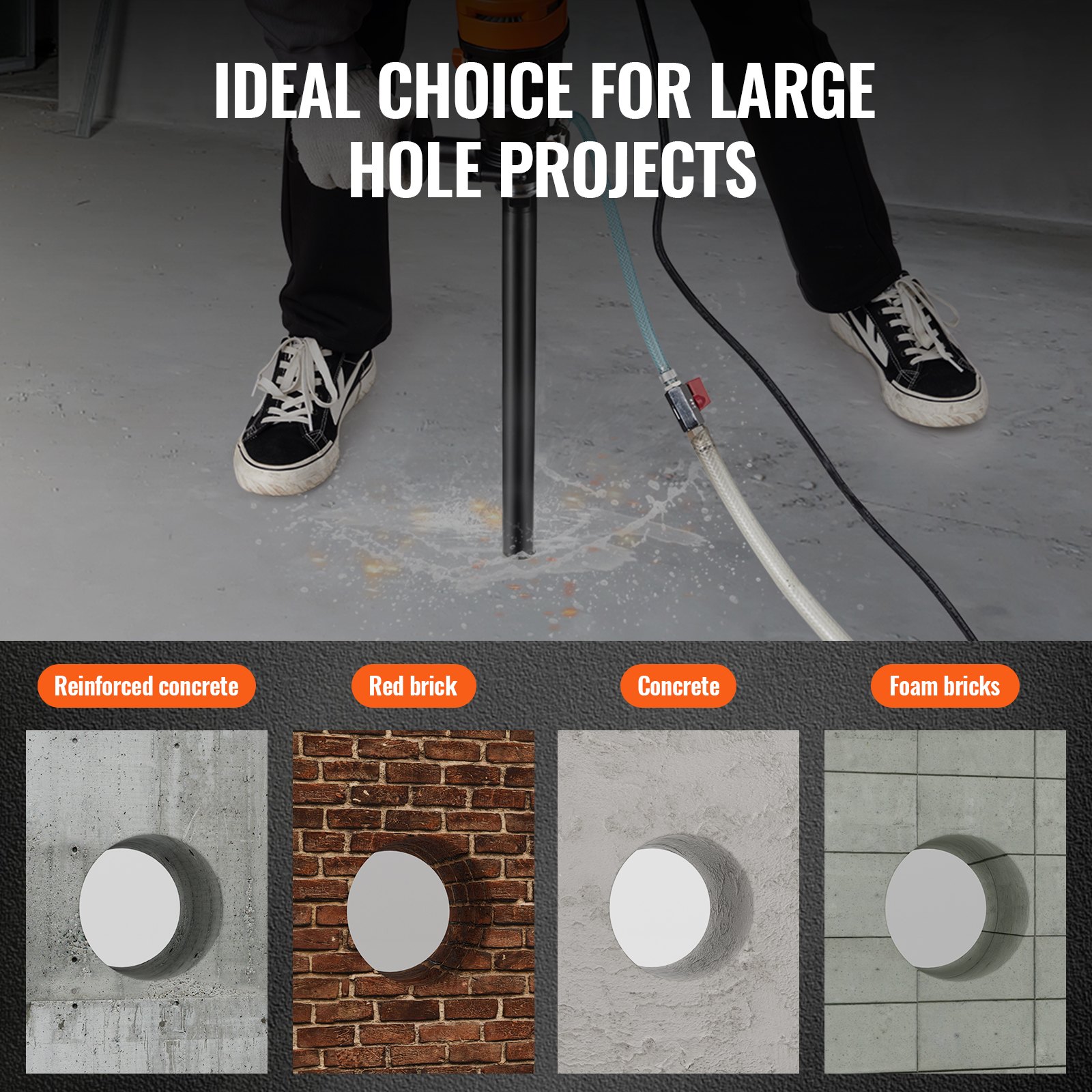 using VEVOR diamond core drill bit for large holes in reinforced concrete, red brick, concrete, and foam bricks.
