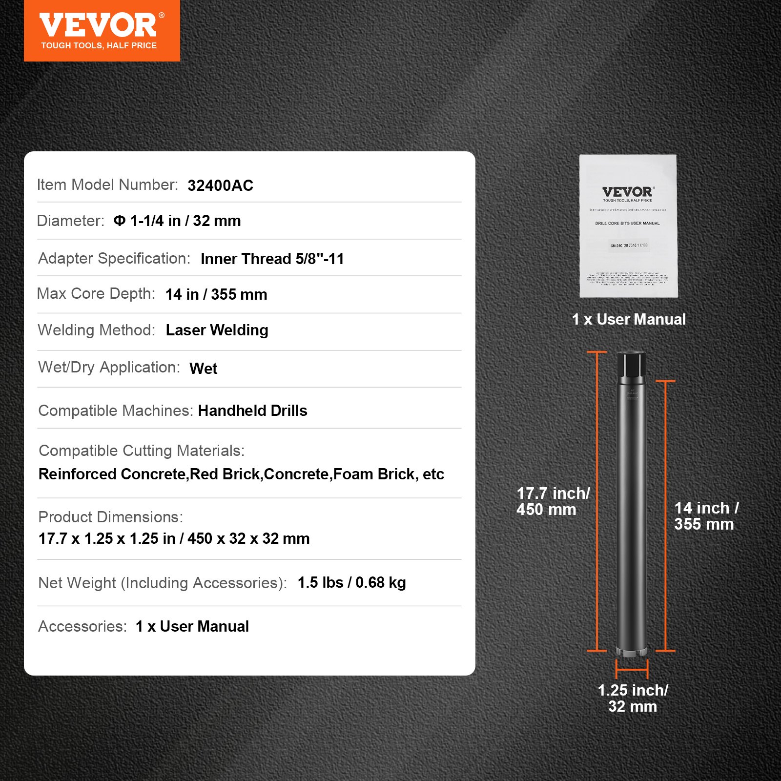 VEVOR diamond core drill bit specs: 1-1/4 in, handheld drills, 14 in core depth, laser welded, wet use.