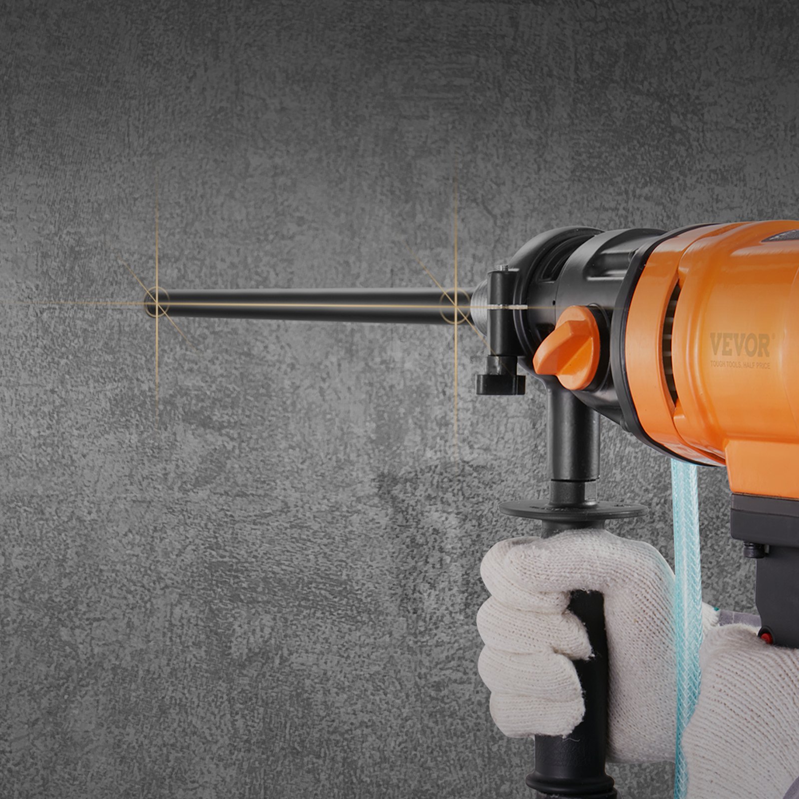 worker using VEVOR diamond core drill bit on concrete wall.