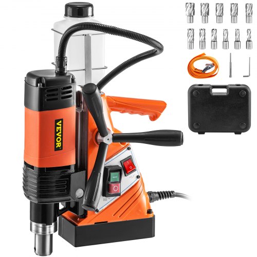 VEVOR Magnetic Drill Press 1100W Magnetic Base Drill 10000N Magnet Force 11PCS Cutter Kit Mag Drill with 1-1/3 inch (35mm) Boring Diameter 700 RPM Portable Electric Mag Drill Press w/11PCS Cutter Kit