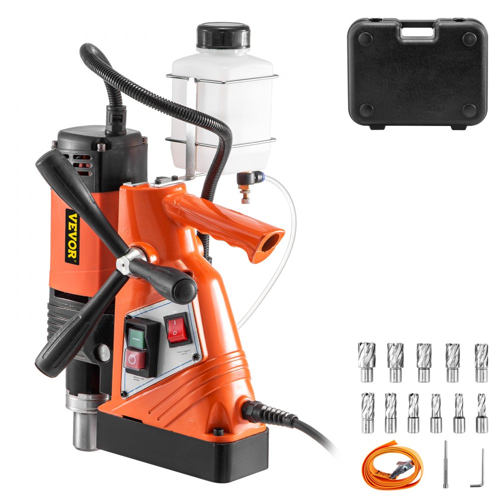 VEVOR Magnetic Drill Press 1100W Magnetic Base Drill 10000N Magnet Force 11PCS Cutter Kit Mag Drill with 1-1/3 inch (35mm) Boring Diameter 700 RPM Portable Electric Mag Drill Press w/11PCS Cutter Kit