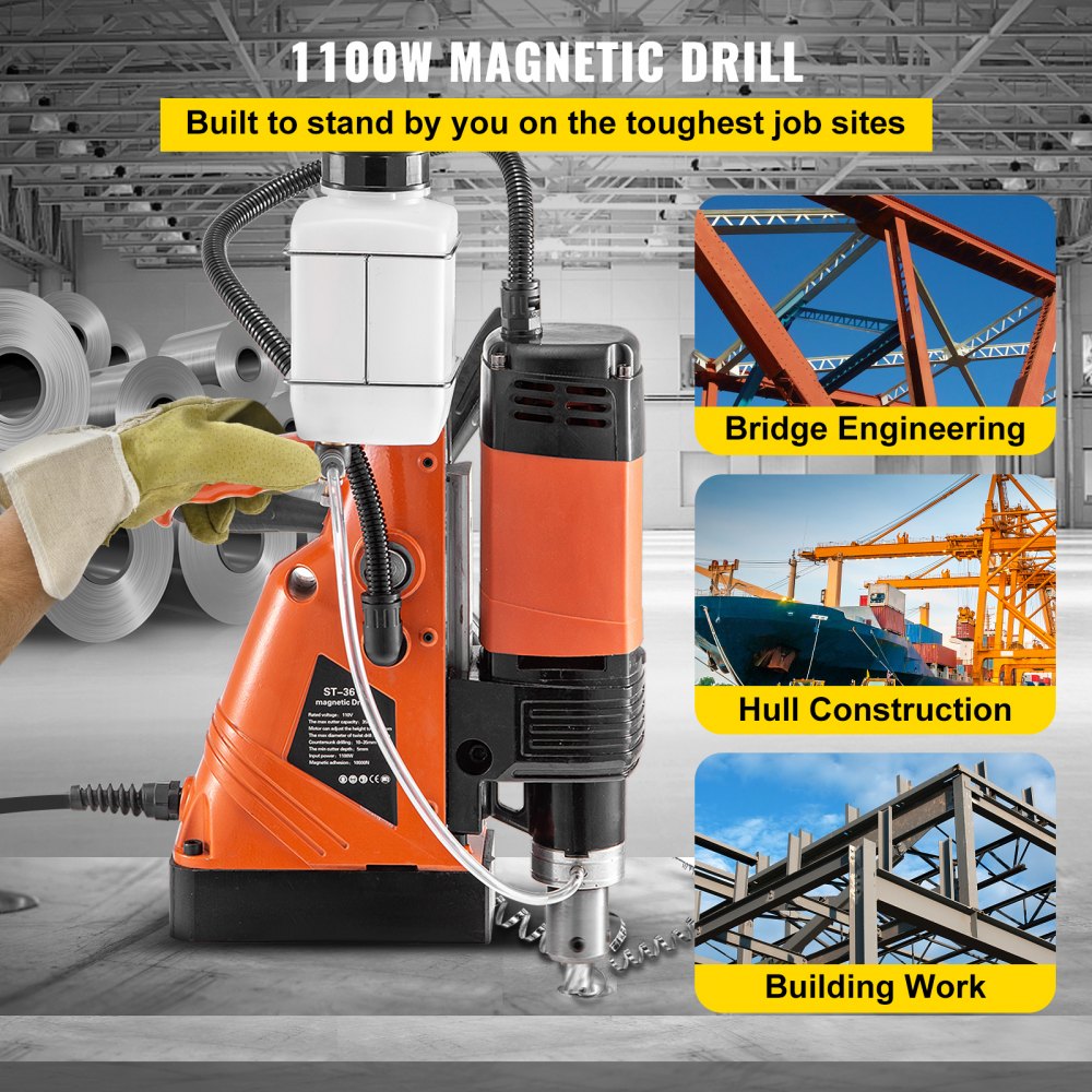 VEVOR Magnetic Drill Press 1100W Magnetic Base Drill 10000N Magnet Force 6PCS Cutter Kit Mag Drill with 1-1/3 inch (35mm) Boring Diameter 700 RPM Portable Electric Mag Drill Press w/6PCS Cutter Kit