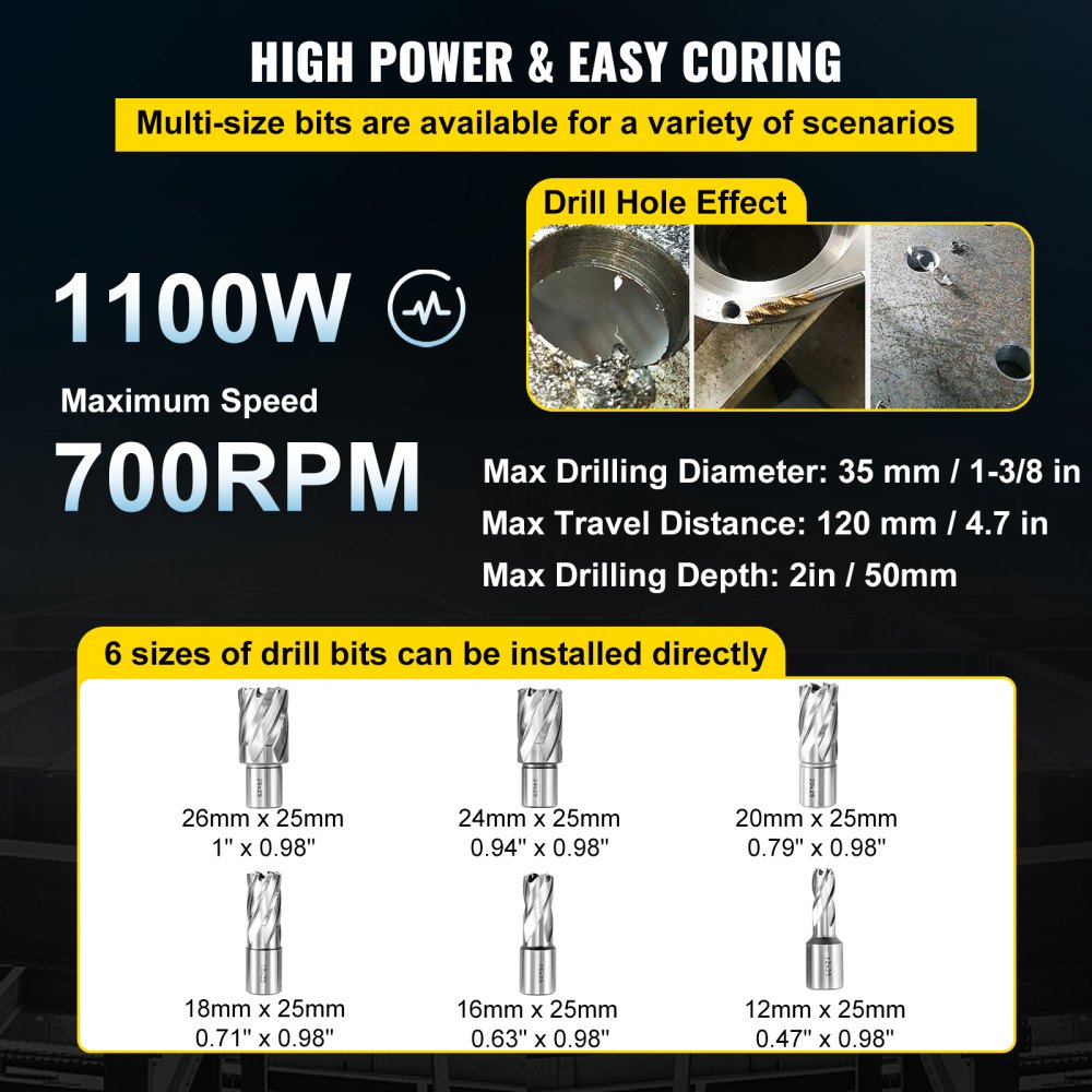 VEVOR Magnetic Drill Press 1100W Magnetic Base Drill 10000N Magnet Force 6PCS Cutter Kit Mag Drill with 1-1/3 inch (35mm) Boring Diameter 700 RPM Portable Electric Mag Drill Press w/6PCS Cutter Kit