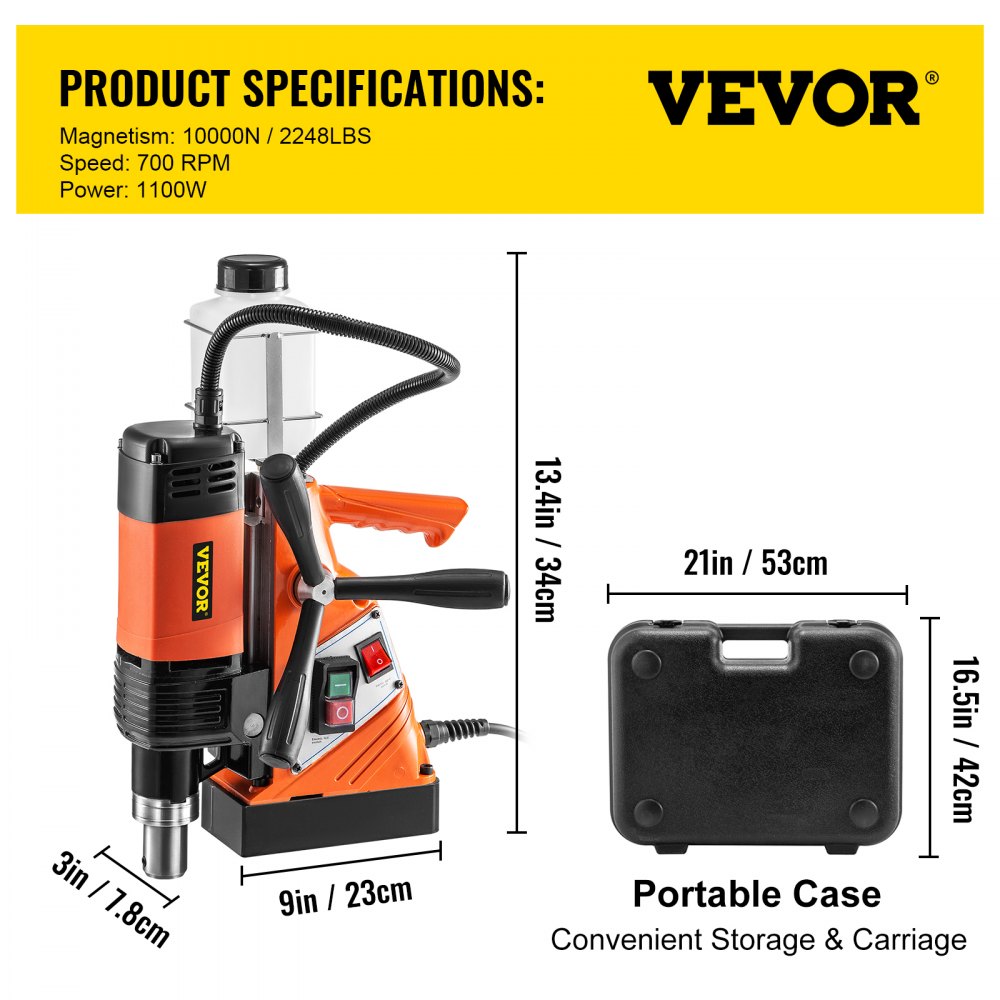 VEVOR Magnetic Drill Press 1100W Magnetic Base Drill 10000N Magnet Force 6PCS Cutter Kit Mag Drill with 1-1/3 inch (35mm) Boring Diameter 700 RPM Portable Electric Mag Drill Press w/6PCS Cutter Kit