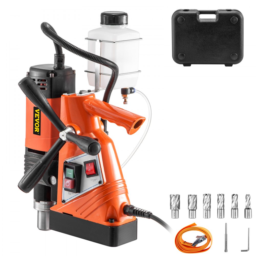 VEVOR Magnetic Drill Press 1100W Magnetic Base Drill 10000N Magnet Force 6PCS Cutter Kit Mag Drill with 1-1/3 inch (35mm) Boring Diameter 700 RPM Portable Electric Mag Drill Press w/6PCS Cutter Kit