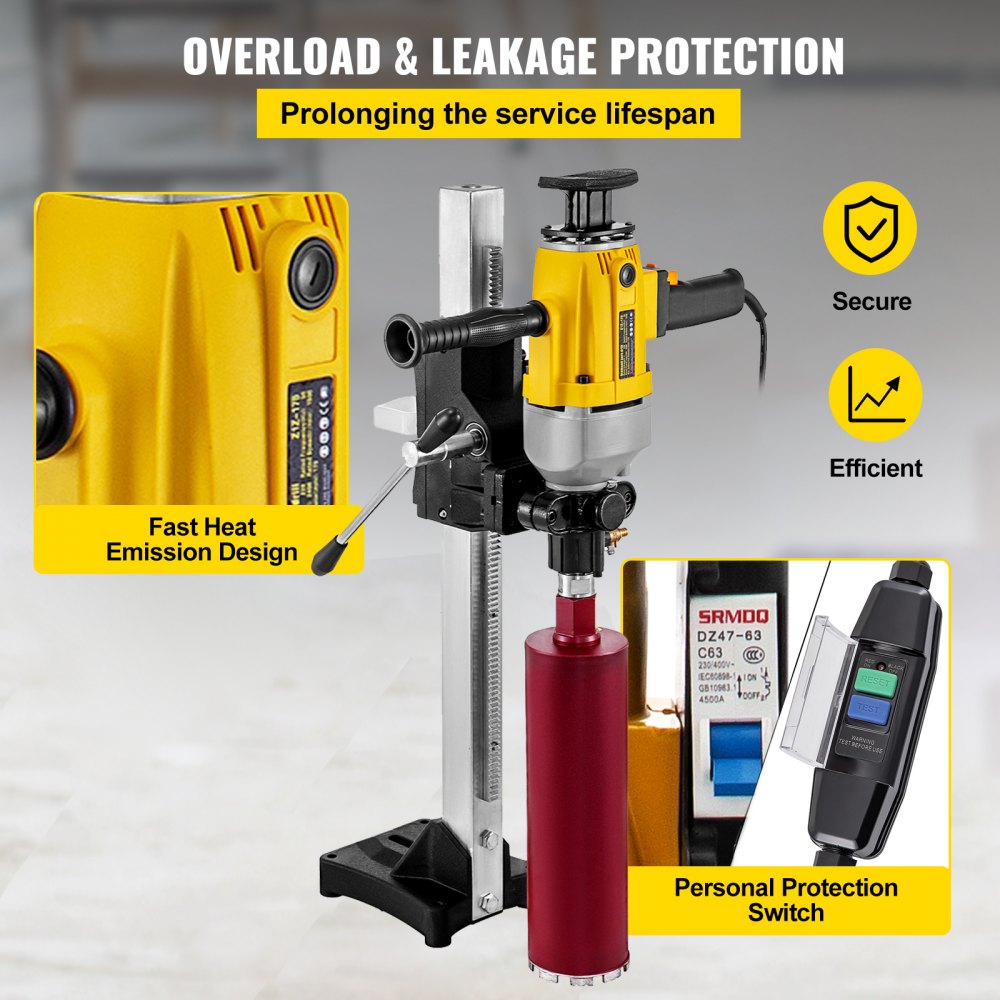 VEVOR Core Drill Machine 160 MM 6.3 Inches Core Drill Rig Powerful Rugged Diamond Concrete Core Drill 220V 1600 r/min Core Drill Rig with Stand Tool Wet Dry Concrete Brick Block Drilling 1980W
