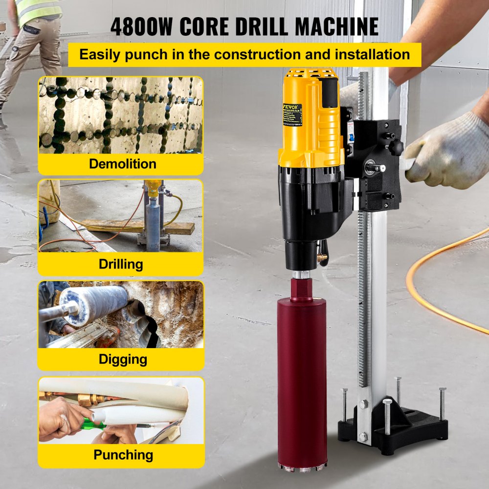 VEVOR Core Drill Machine 305 MM 12 Inches Core Drill Rig Powerful Rugged Diamond Concrete Core Drill 110V 500 r/min Core Drill Rig with Stand Tool Wet Dry Concrete Brick Block Drilling 4800W