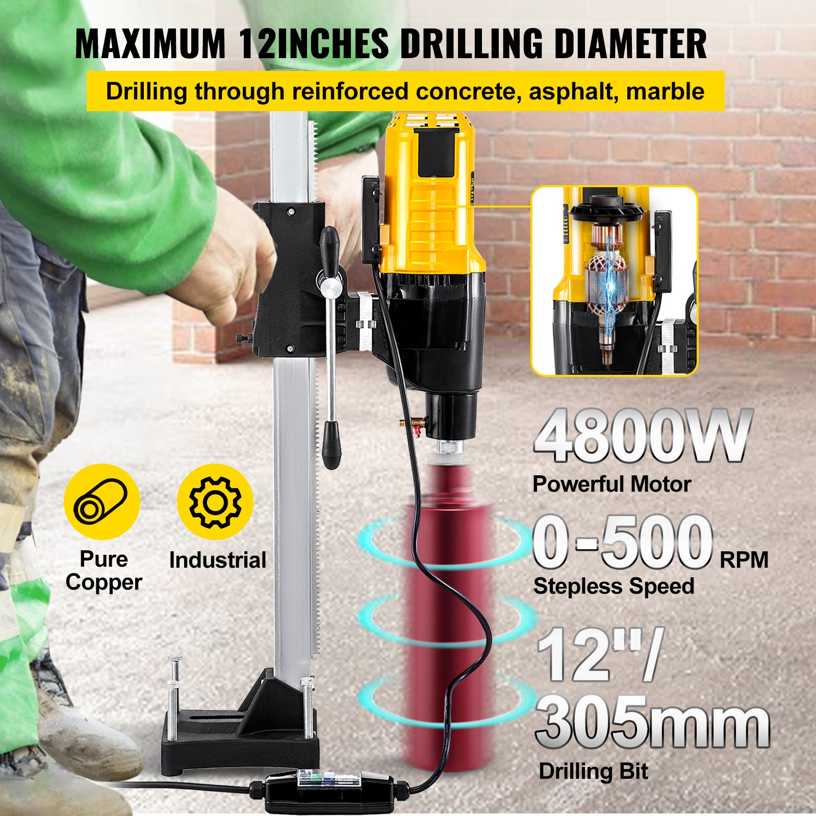 VEVOR Core Drill Machine 305 MM 12 Inches Core Drill Rig Powerful Rugged Diamond Concrete Core Drill 110V 500 r/min Core Drill Rig with Stand Tool Wet Dry Concrete Brick Block Drilling 4800W