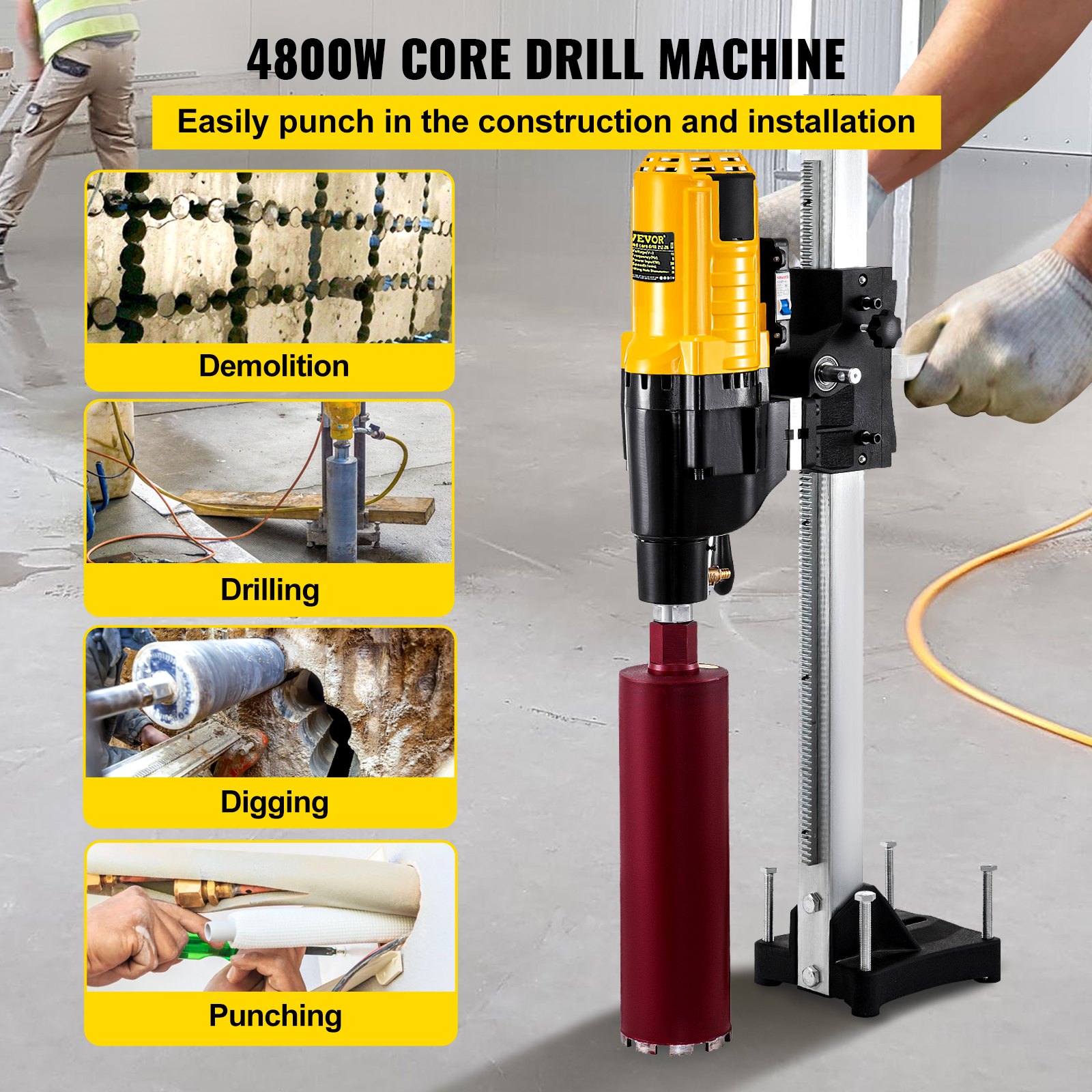 VEVOR Core Drill Machine 305 MM 12 Inches Core Drill Rig Powerful Rugged Diamond Concrete Core Drill 220V 500 r/min Core Drill Rig with Stand Tool Wet Dry Concrete Brick Block Drilling 4800W
