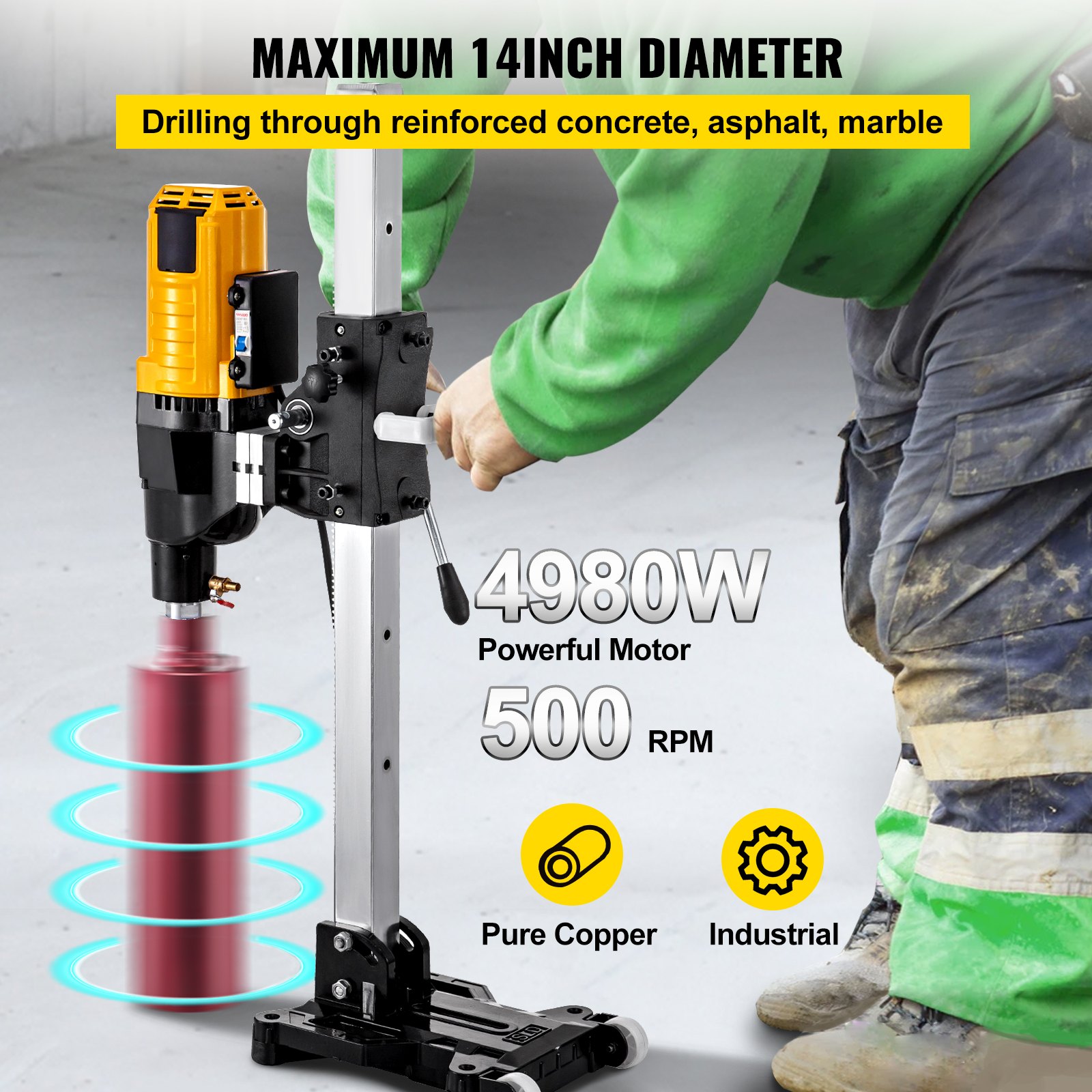 14'' Diamond Core Drill Concrete Drilling Machine with Stand & Drill Bits 4980W