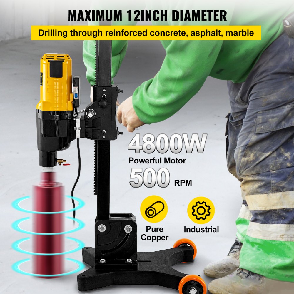 VEVOR 305 MM 12 Inch Core Drill Machine Powerful 4800W Core Drill Rig Rugged Diamond Concrete Core Drill 500 r/min Core Drill Rig with Wheel Tool Wet Dry Concrete Brick Block Drilling with Stand