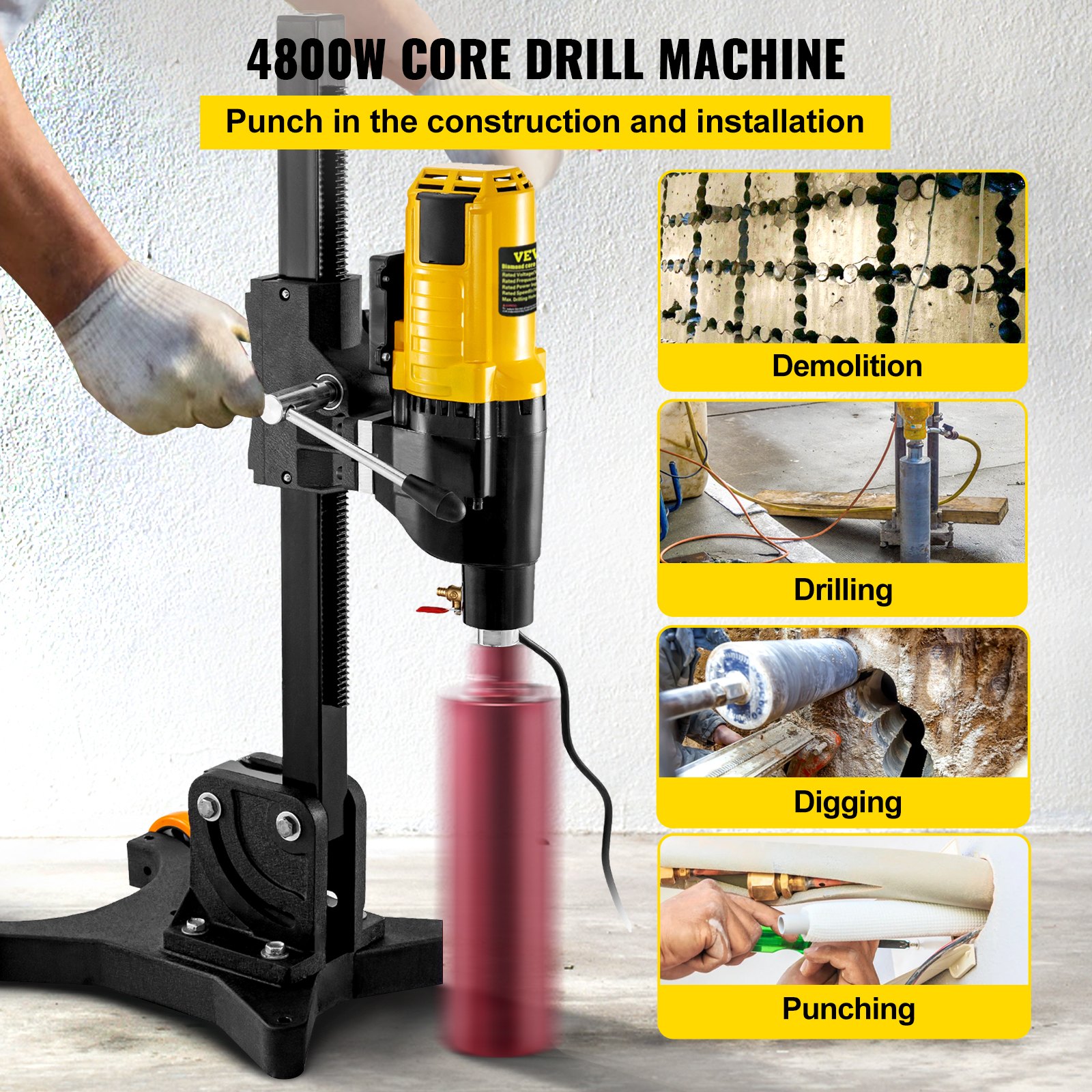 VEVOR 305 MM 12 Inch Core Drill Machine Powerful 4800W Core Drill Rig Rugged Diamond Concrete Core Drill 500 r/min Core Drill Rig with Wheel Tool Wet Dry Concrete Brick Block Drilling with Stand