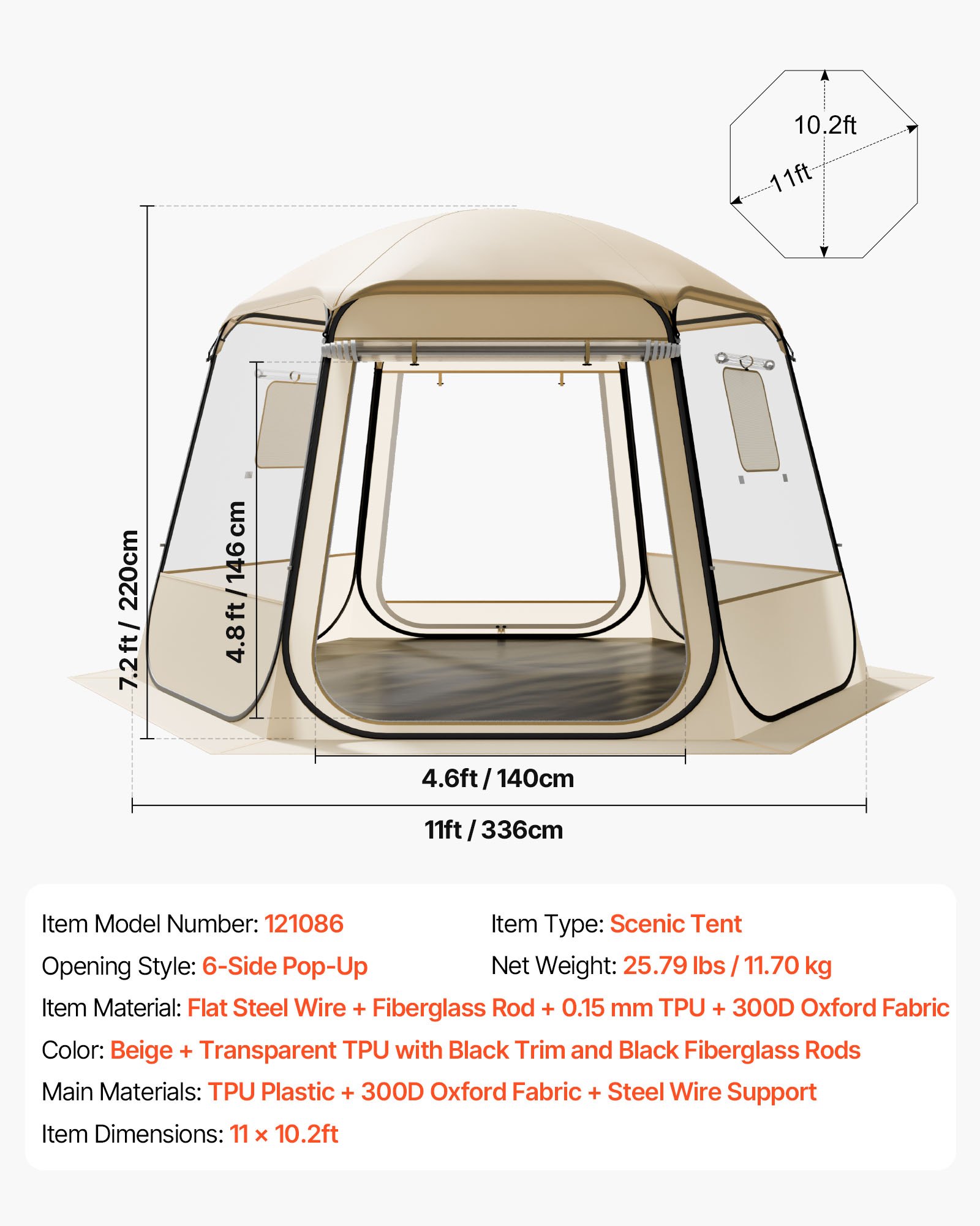 VEVOR Pop up Bubble Tent, 11 x 10.2 ft Waterproof & UV-Resistant, Clear Camping Tent Shelter, Outdoor Garden Dome Igloo Tents with Windows, 540° Panoramic View, for 8-10 Persons Patio Backyard