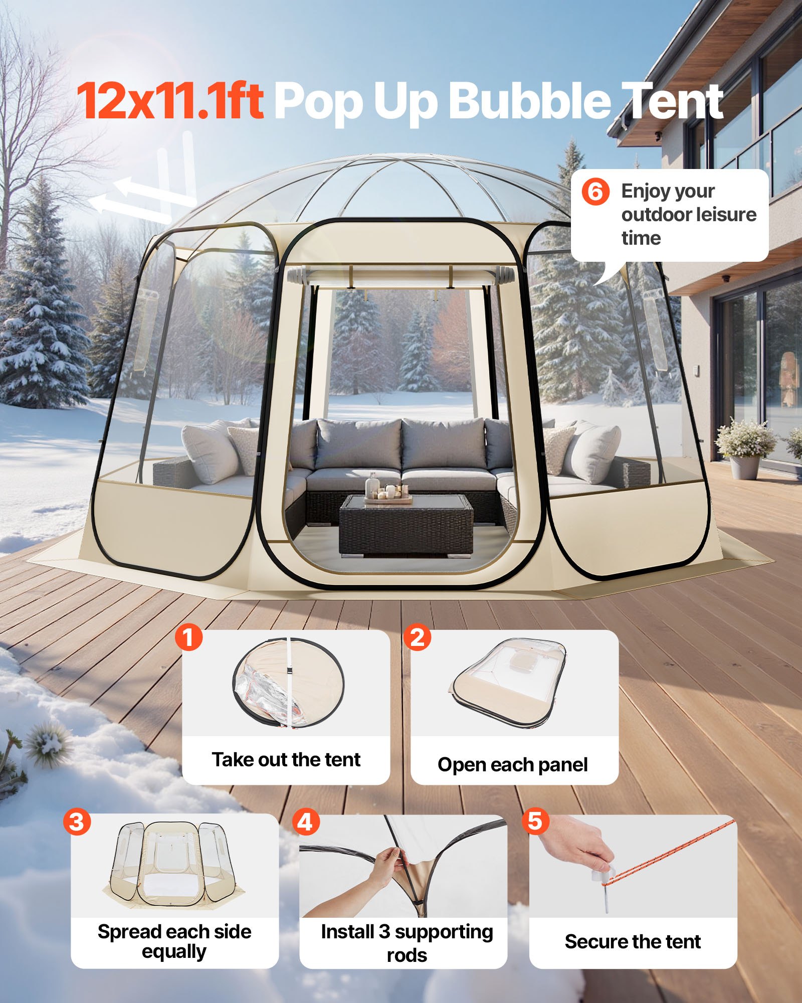 VEVOR Pop up Bubble Tent, 12 x 11.1 ft Waterproof & UV-Resistant, Clear Camping Tent Shelter, Outdoor Garden Dome Igloo Tents with Windows, 540° Panoramic View, for 10-12 Persons Patio Backyard