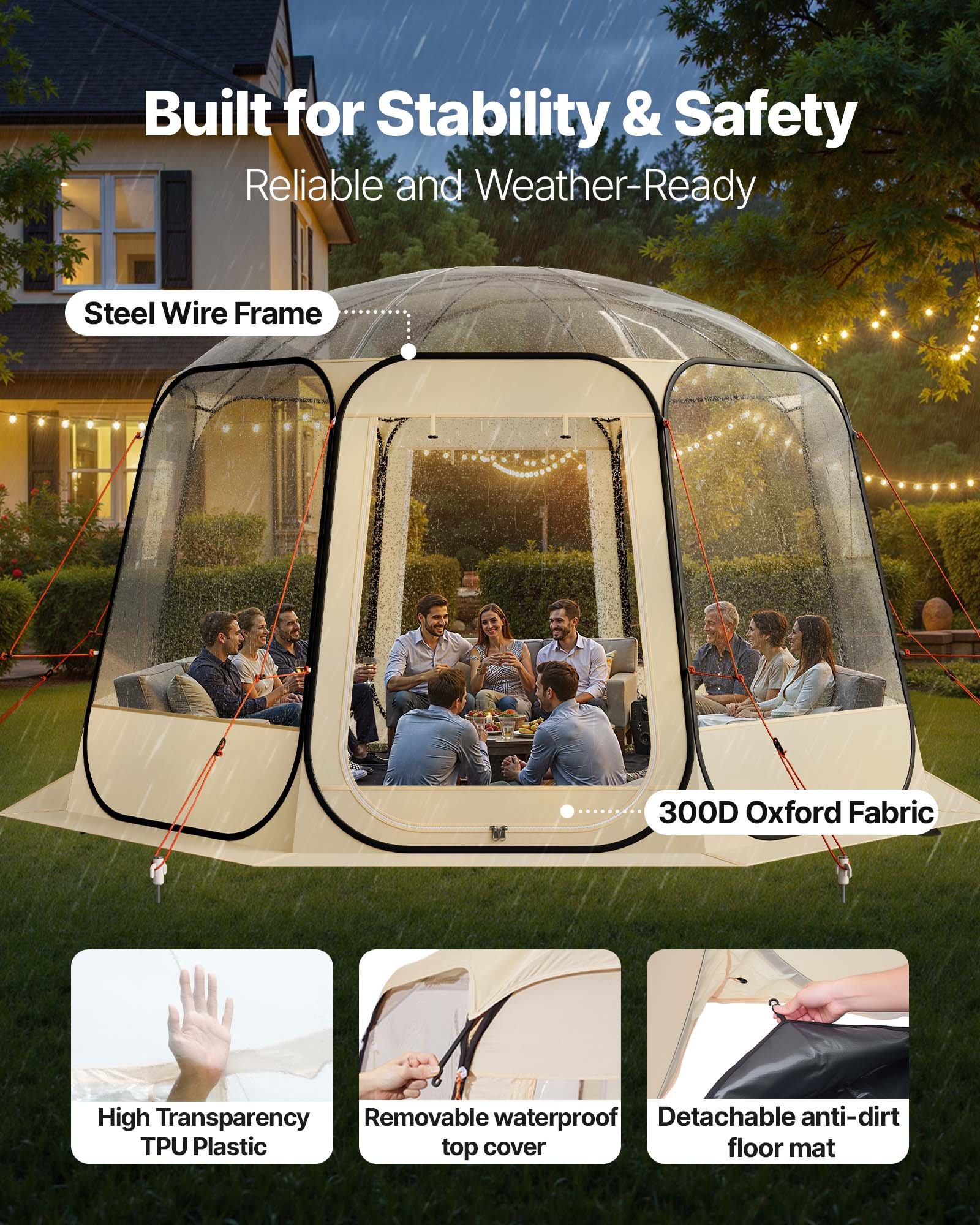 VEVOR Pop up Bubble Tent, 12 x 11.1 ft Waterproof & UV-Resistant, Clear Camping Tent Shelter, Outdoor Garden Dome Igloo Tents with Windows, 540° Panoramic View, for 10-12 Persons Patio Backyard