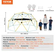 VEVOR Cúpula de escalada, para niños de 3 a 10 años, escalador de cúpula geométrica de 10 pies con hamaca y columpio, gimnasio en la jungla soporta 750 libras y fácil montaje, con agarre de escalada, equipo de juego para patio trasero al aire libre