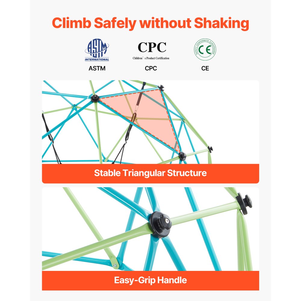 VEVOR Climbing Dome, 305cm Geometric Dome Climber with Saucer Swing, 453kg Loading Kid's Jungle Gym Playground, Easy-Assembly Outdoor Backyard Climbing Equipment for Boys Girls 3 to 10 Years Old