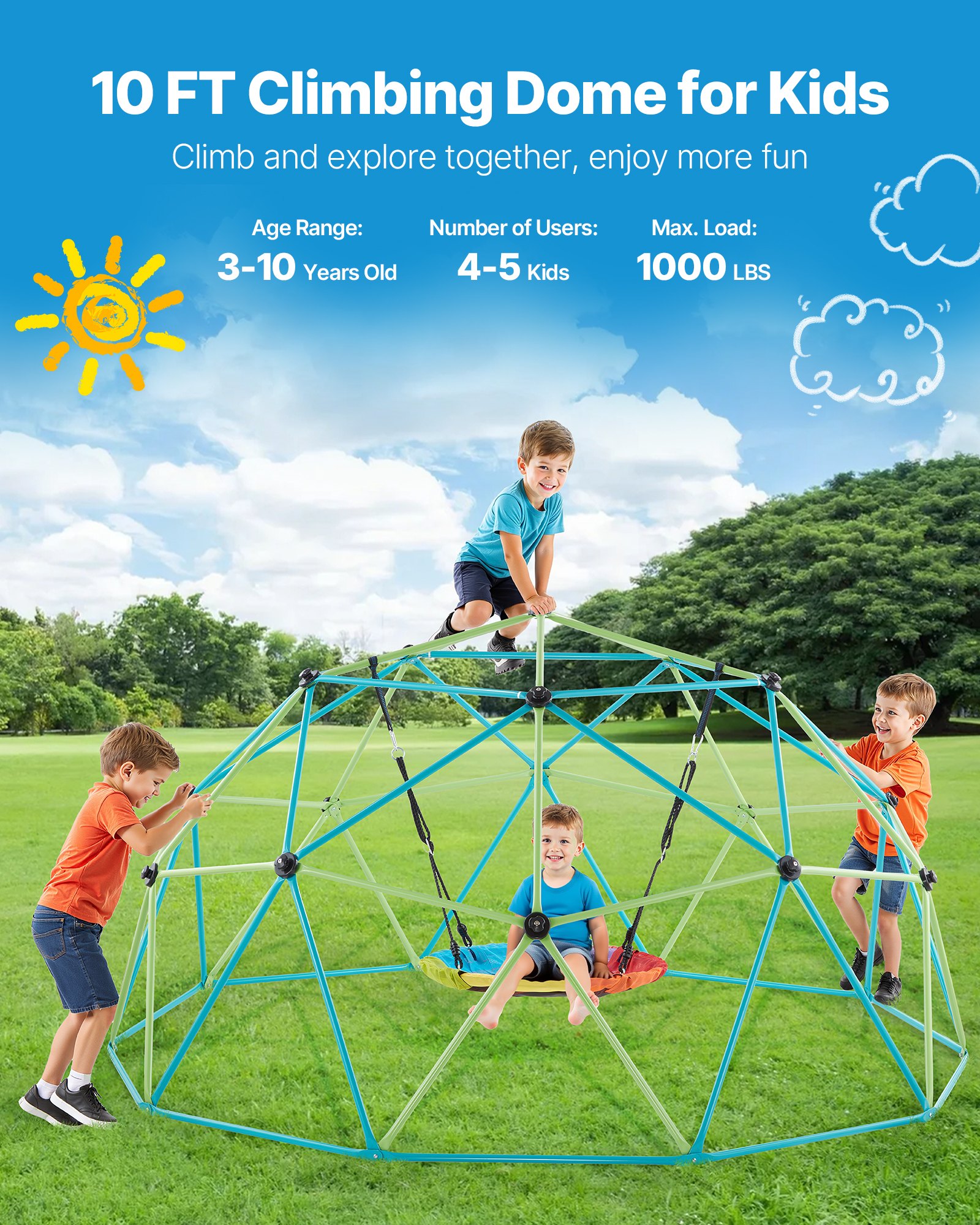 VEVOR Climbing Dome, 305cm Geometric Dome Climber with Saucer Swing, 453kg Loading Kid's Jungle Gym Playground, Easy-Assembly Outdoor Backyard Climbing Equipment for Boys Girls 3 to 10 Years Old