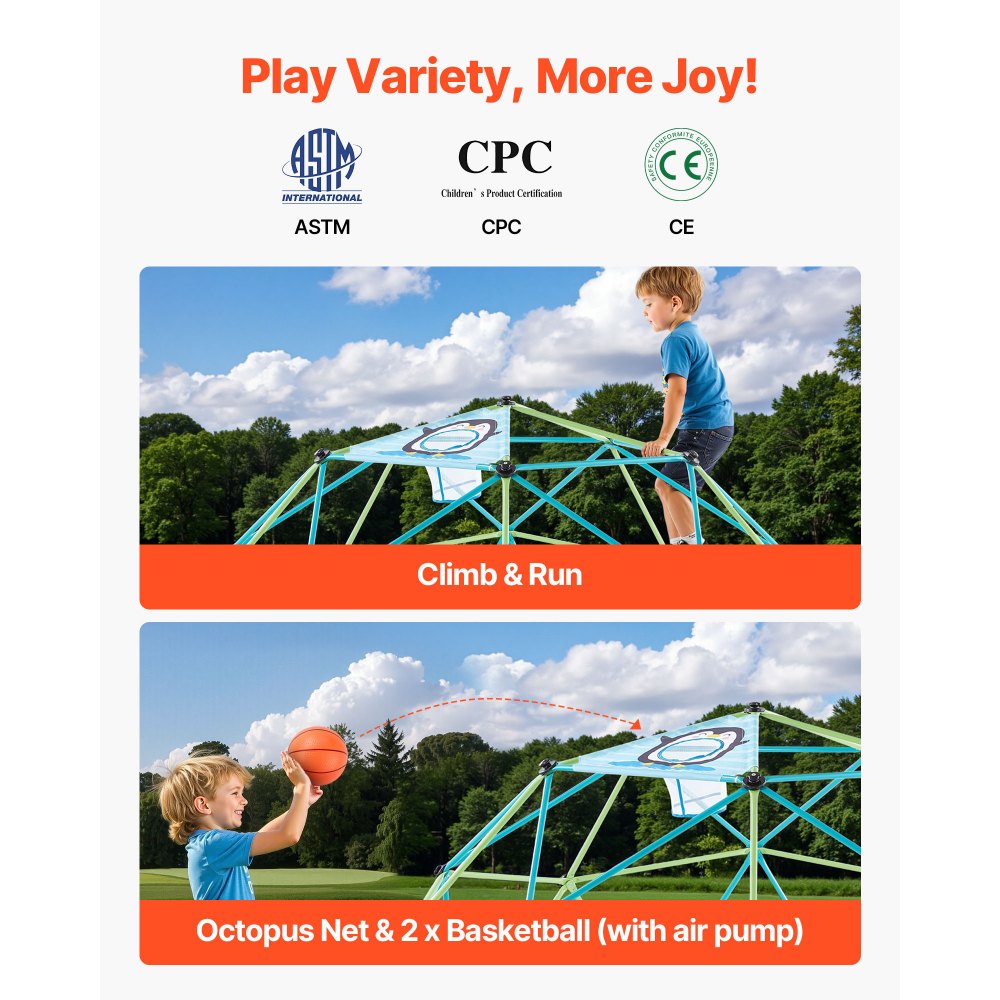 VEVOR Climbing Dome, 305cm Geometric Dome Climber for Kids, 453kg Loading Jungle Gym Playground with Octopus Net & 2 Basketballs, Easy-Assembly Outdoor Backyard Climbing Toys - Gift for Boys Girls