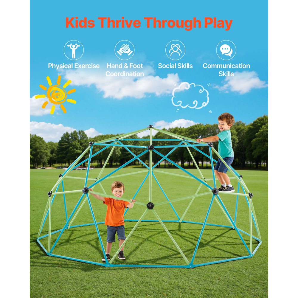 VEVOR Climbing Dome, 10FT Geometric Dome Climber for Kids, 1000LBS Loading Jungle Gym Playground with Octopus Net & 2 Basketballs, Easy-Assembly Outdoor Backyard Climbing Toys - Gift for Boys Girls