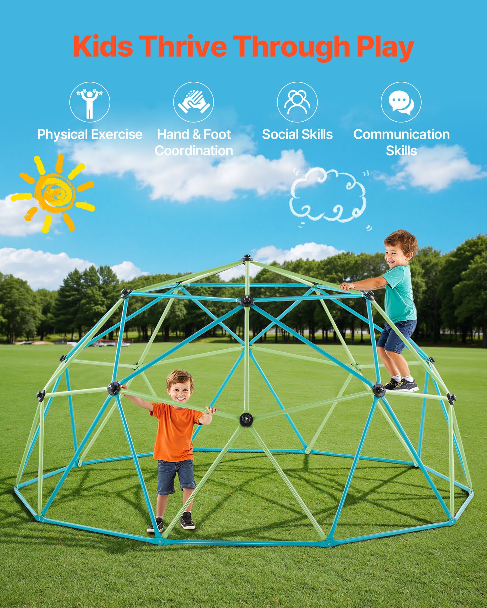 VEVOR Climbing Dome, 305cm Geometric Dome Climber for Kids, 453kg Loading Jungle Gym Playground with Octopus Net & 2 Basketballs, Easy-Assembly Outdoor Backyard Climbing Toys - Gift for Boys Girls