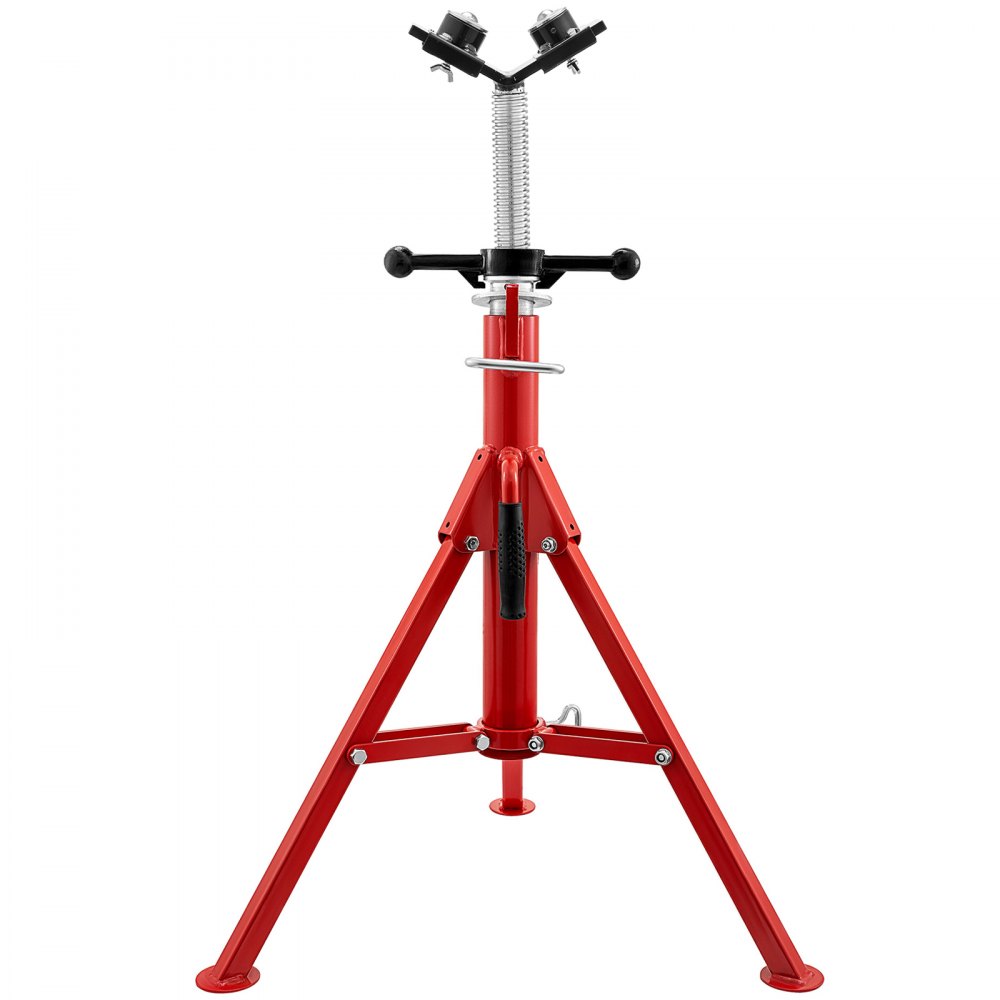 red VEVOR pipe jack stand with adjustable spring and tripod base.