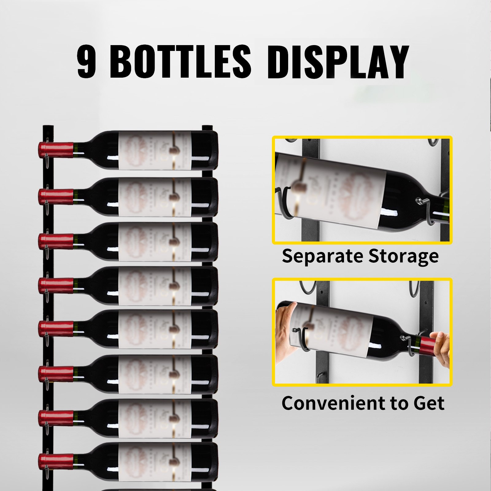 VEVOR Wall Mounted Wine Rack, 9 Bottles Wine Holder Towel Rack, Black Steel Vertical Wine Rack, Modern Decorative Wall Mounted Wine Bottle Holder, Forward Design Simple Storage Wall Rack 35 x 6 x 1 In