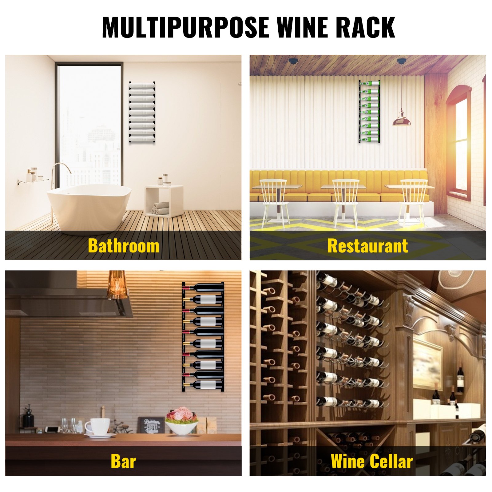 VEVOR Wall Mounted Wine Rack, 9 Bottles Wine Holder Towel Rack, Black Steel Vertical Wine Rack, Modern Decorative Wall Mounted Wine Bottle Holder, Forward Design Simple Storage Wall Rack 35 x 6 x 1 In