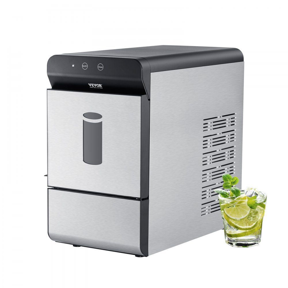 VEVOR countertop ice maker in stainless steel with mint and lime cocktail beside it.