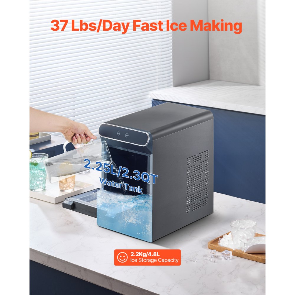 VEVOR Nugget Ice Maker, 37lbs/24H Pebble Ice Maker with Self Cleaning, Chewable Ice Maker with Ice Scoop and Basket, Stainless Steel Ice Machine with Convenient Ice Transfer for Home Kitchen Office