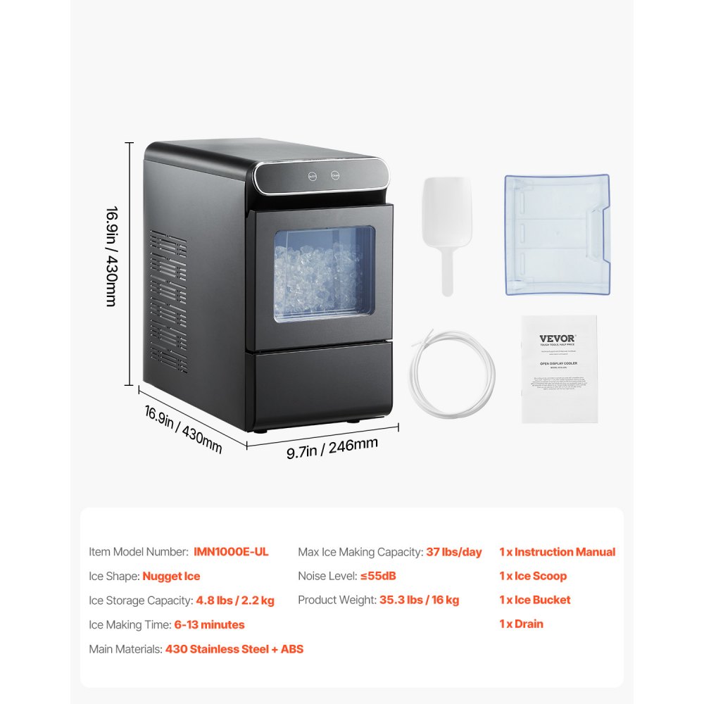 VEVOR Nugget Ice Maker, 37lbs/24H Pebble Ice Maker with Self Cleaning, Chewable Ice Maker with Ice Scoop and Basket, Stainless Steel Ice Machine with Convenient Ice Transfer for Home Kitchen Office