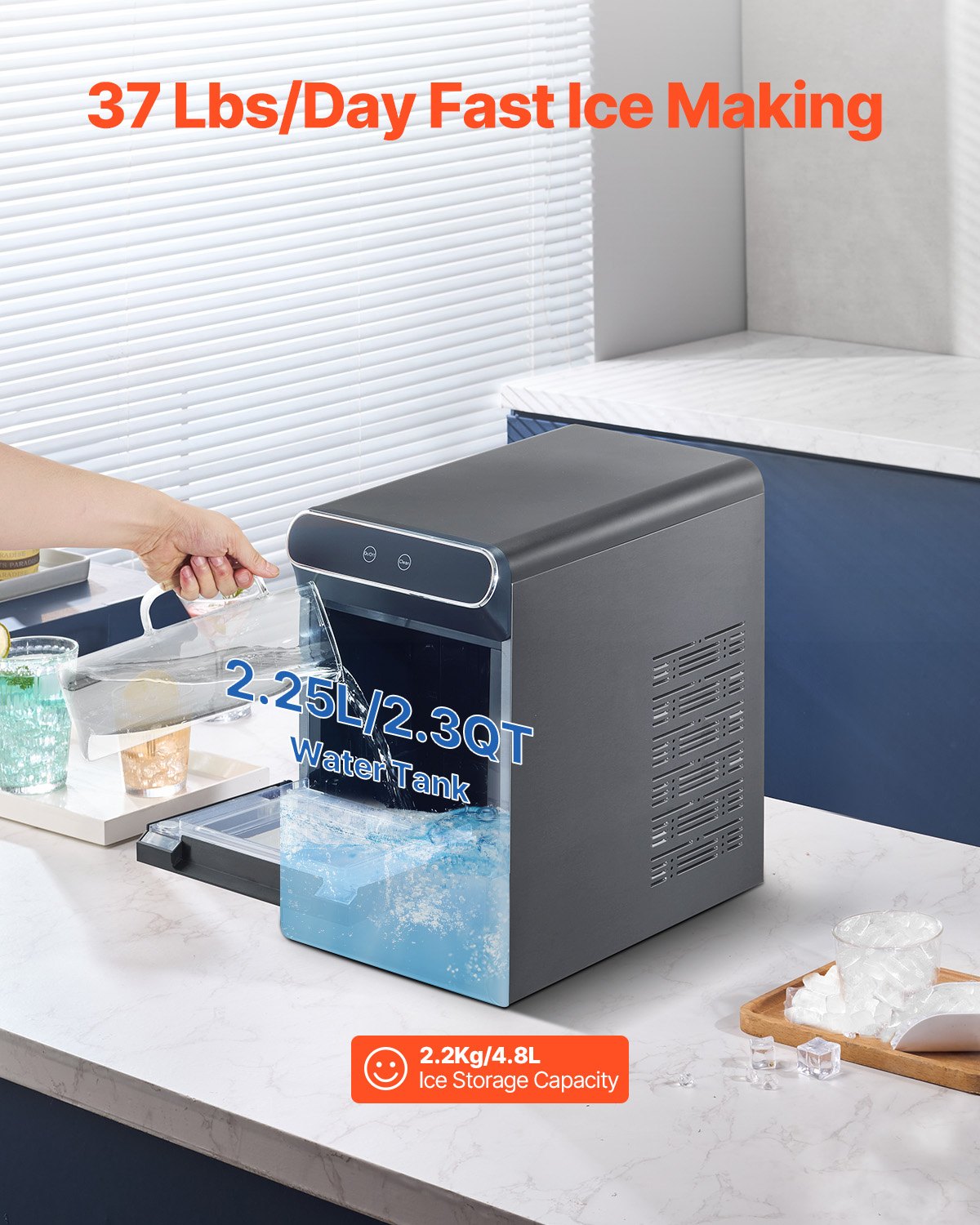 VEVOR Nugget Ice Maker, 37lbs/24H Pebble Ice Maker with Self Cleaning, Chewable Ice Maker with Ice Scoop and Basket, Stainless Steel Ice Machine with Convenient Ice Transfer for Home Kitchen Office