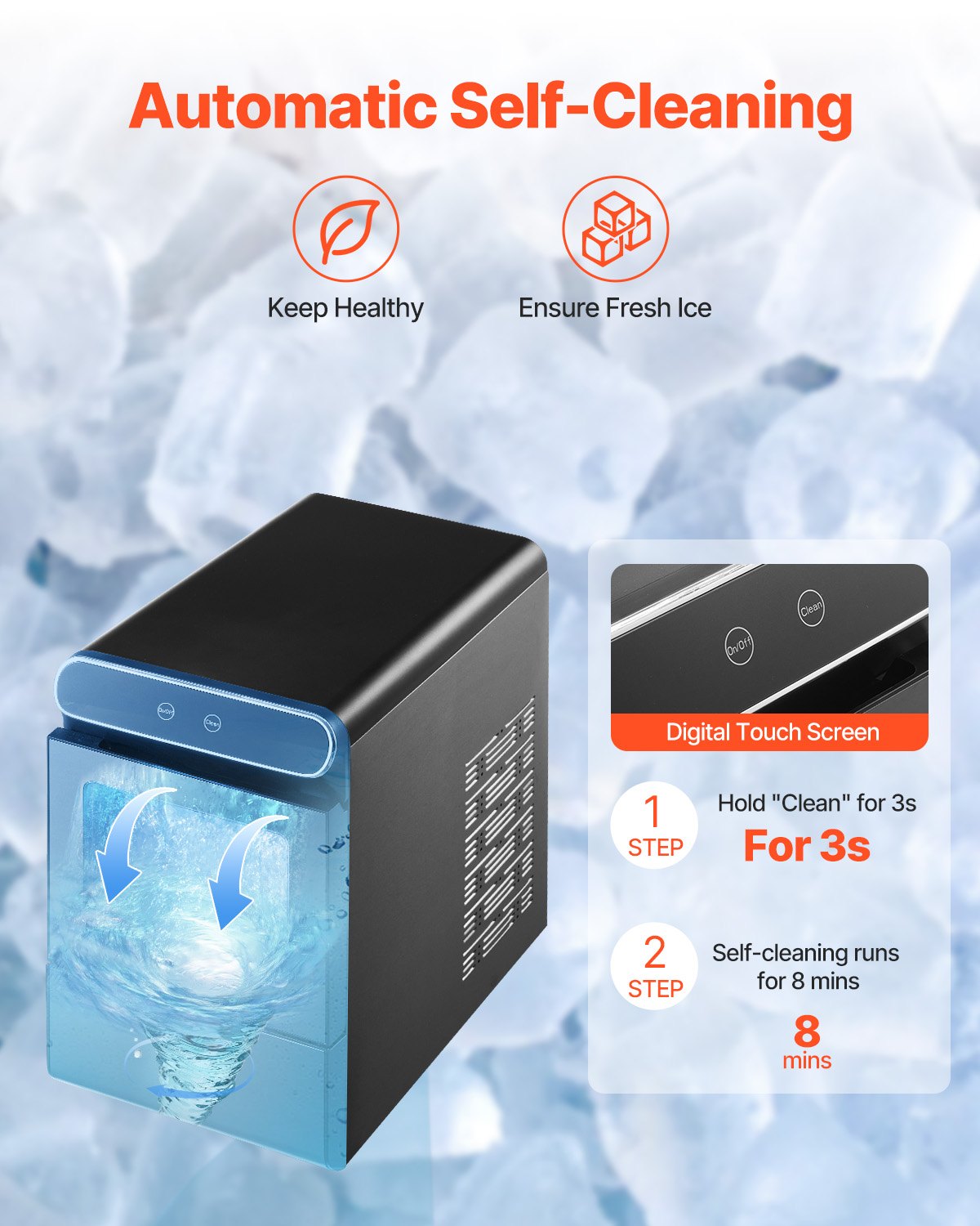 VEVOR Nugget Ice Maker, 37lbs/24H Pebble Ice Maker with Self Cleaning, Chewable Ice Maker with Ice Scoop and Basket, Stainless Steel Ice Machine with Convenient Ice Transfer for Home Kitchen Office