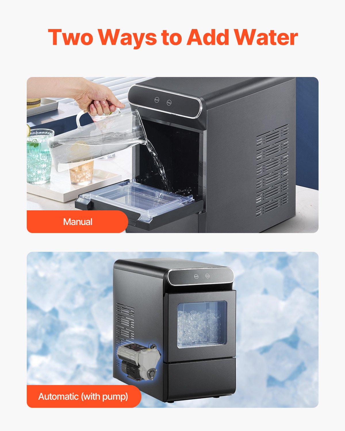 VEVOR Nugget Ice Maker, 37lbs/24H Pebble Ice Maker with Self Cleaning, Chewable Ice Maker with Ice Scoop and Basket, Stainless Steel Ice Machine with Convenient Ice Transfer for Home Kitchen Office