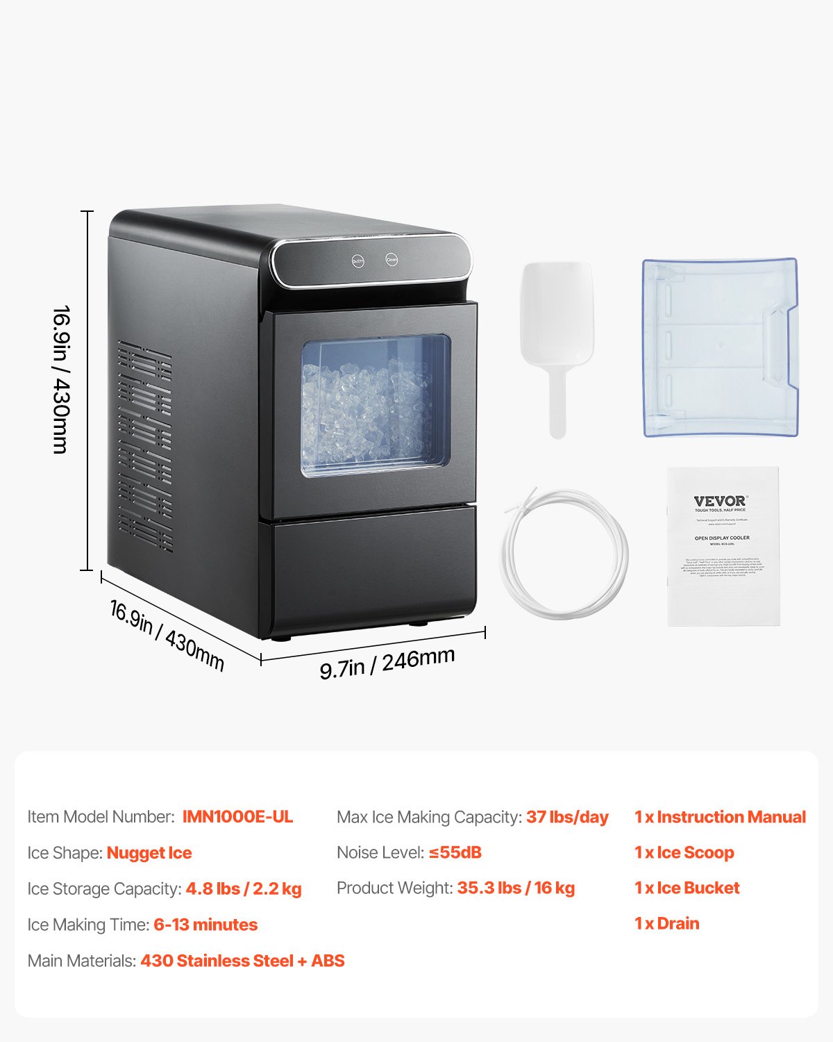 VEVOR Nugget Ice Maker, 37lbs/24H Pebble Ice Maker with Self Cleaning, Chewable Ice Maker with Ice Scoop and Basket, Stainless Steel Ice Machine with Convenient Ice Transfer for Home Kitchen Office