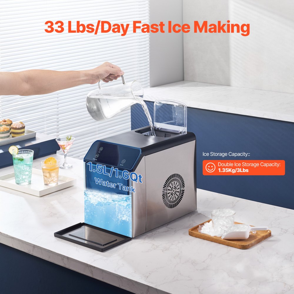 Máquina de hielo en pepitas VEVOR, 15 kg/24 h, con autolimpieza, máquina de hielo masticable con cuchara y bandeja de goteo, máquina de hielo de acero inoxidable con práctica transferencia de hielo para el hogar, la cocina y la oficina.