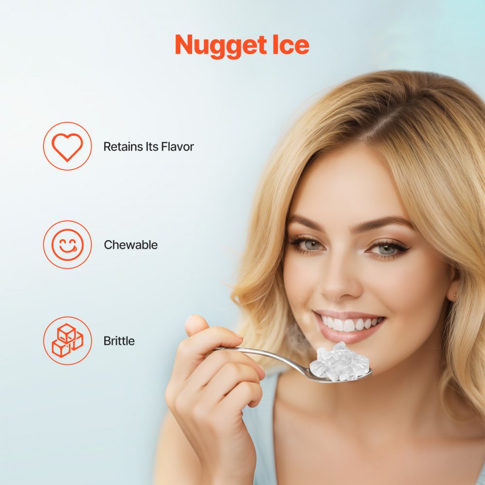 Máquina de hielo en pepitas VEVOR, 15 kg/24 h, con autolimpieza, máquina de hielo masticable con cuchara y bandeja de goteo, máquina de hielo de acero inoxidable con práctica transferencia de hielo para el hogar, la cocina y la oficina.