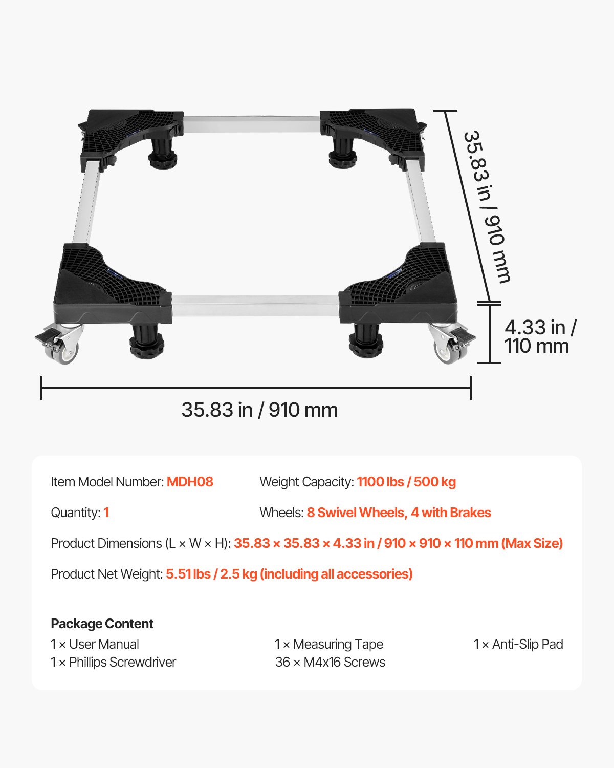 VEVOR Fridge Stand Mobile Base, 500kg Load Capacity, Washing Machine Stand with 8 Locking Twin Wheels and 4 Brakes, 27.5 -35.4 Inches Adjustable Furniture Dolly for Washer, Refrigerator and Dryer