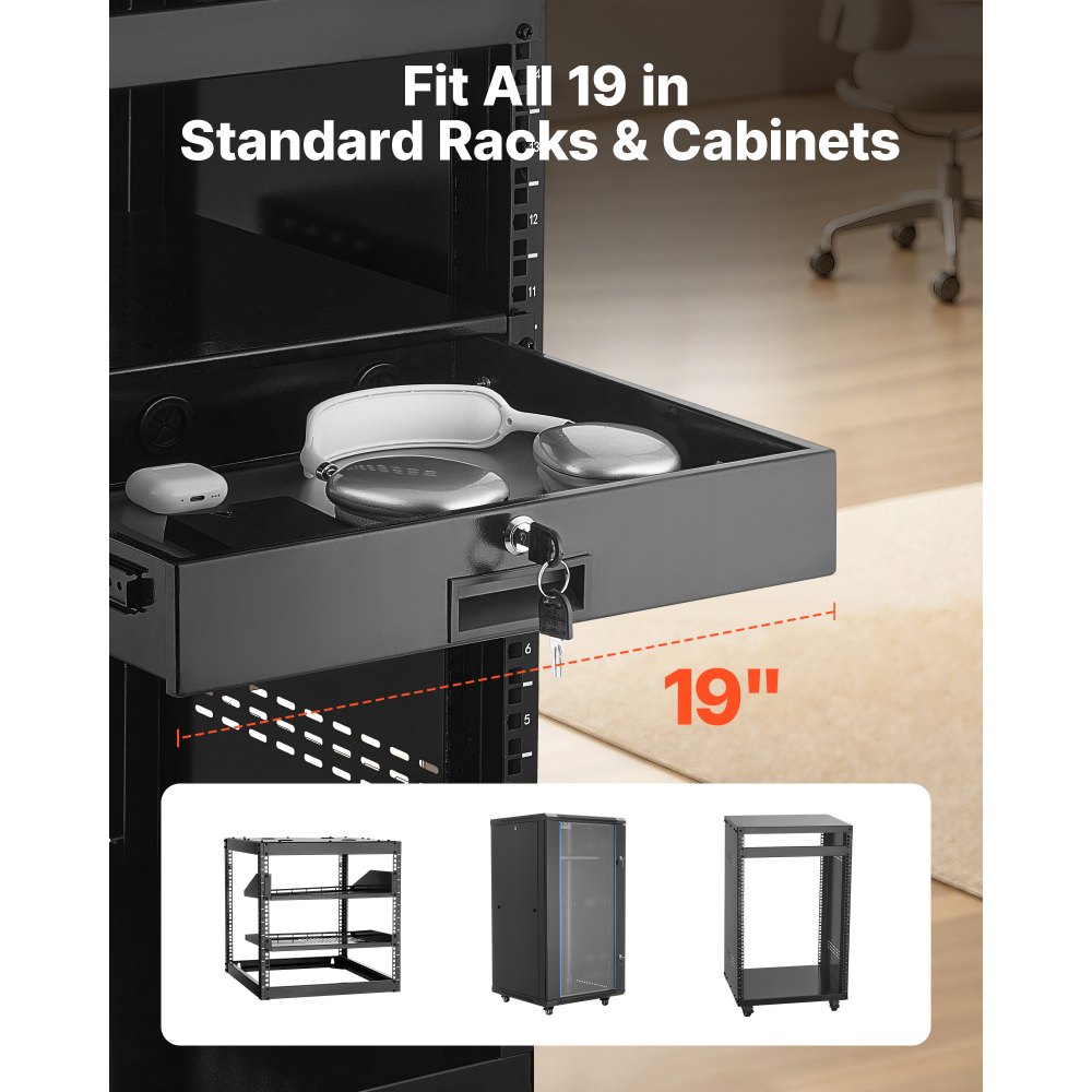 VEVOR 2U Rack Mount Drawer, 22.68 kg Max Load-Bearing, Lockable Server Cabinet Case, Sliding Drawer with Lock and Cable Management Holes, for Network Equipment Server AV Rack or Cabinet Enclosure