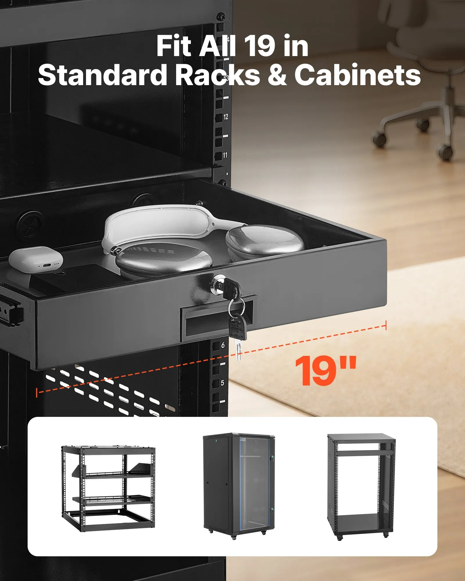 VEVOR 2U Rack Mount Drawer, 50 lbs Max Load-Bearing, Lockable Server ...