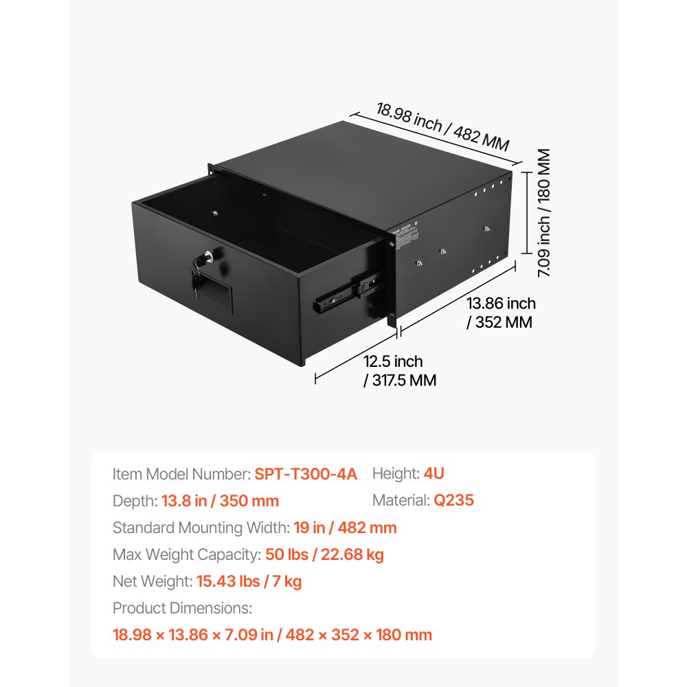 VEVOR 4U Rack Mount Drawer, 50 lbs Max Load-Bearing, Lockable Server Cabinet Case, Sliding Drawer with Lock and Cable Management Holes, for 19 in Network Equipment Server AV Rack or Cabinet Enclosure
