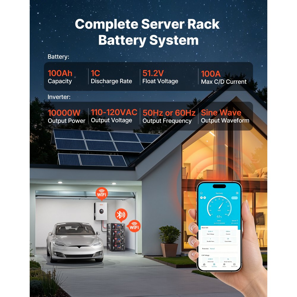 VEVOR Home Power Station Backup Power, 5120Wh, LiFePO4 Lithium Battery, Support Communication, Bluetooth and WiFi, AC 10000W Inverter, Fast Charge, for Home Backup, Emergency, Solar System Components