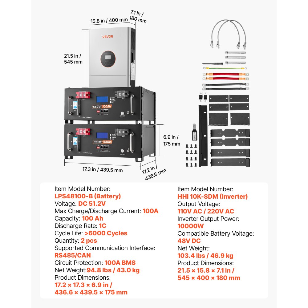 VEVOR Home Power Station Backup Power, 5120Wh, LiFePO4 Lithium Battery, Support Communication, Bluetooth and WiFi, AC 10000W Inverter, Fast Charge, for Home Backup, Emergency, Solar System Components