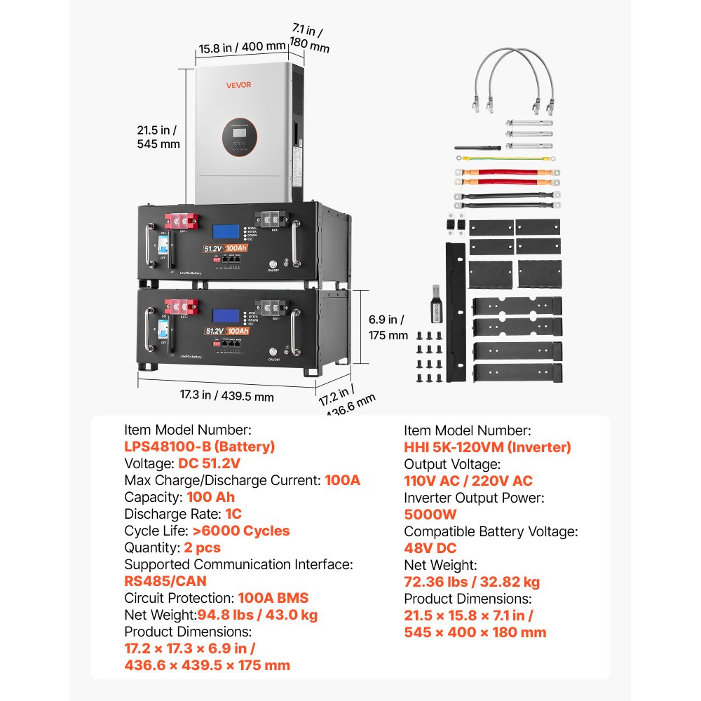 VEVOR Home Power Station Backup Power, 5120Wh, LiFePO4 Lithium Battery, Support Communication, Bluetooth and WiFi, AC 5000W Inverter, Fast Charge, for Home Backup, Emergency, Solar System Components