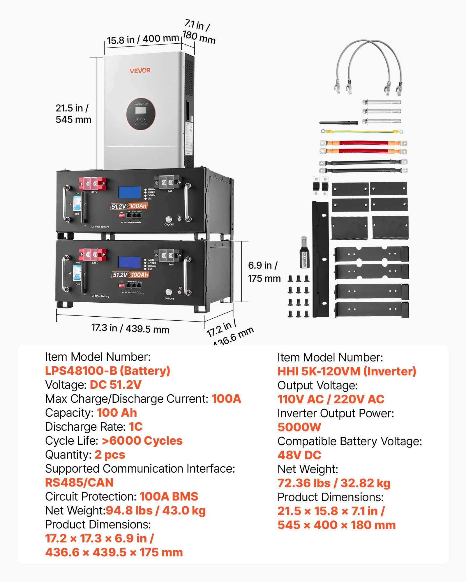 VEVOR Home Power Station Backup Power, 5120Wh, LiFePO4 Lithium Battery, Support Communication, Bluetooth and WiFi, AC 5000W Inverter, Fast Charge, for Home Backup, Emergency, Solar System Components