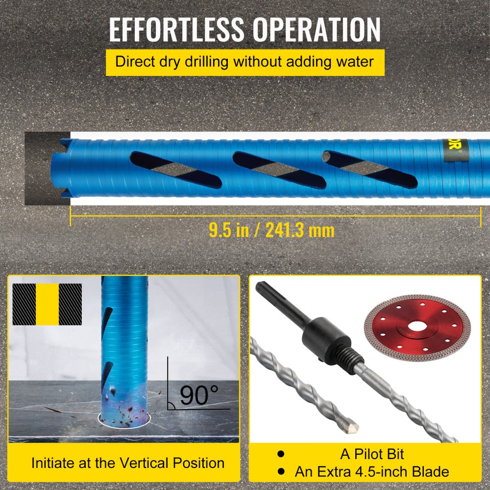 VEVOR Dry Core Drill Bit, 1.5" / 38.1 mm Diameter 5/8"-11 Threaded, 9.5" / 241.3mm Depth Diamond Coring Bore Tool with a Pilot Bit & 4.5" Blade, Masonry Hole Saw Bits for Hard Concrete Brick and Block